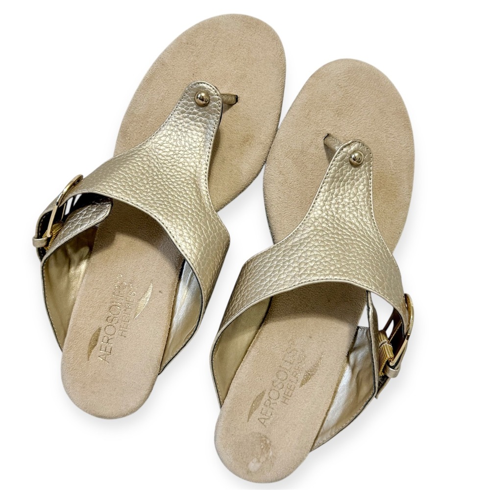Aerosoles FLow-Down Sz-8.5M Gold Metallic Wedge Thong Sandals Heel Rest‎ Cushion